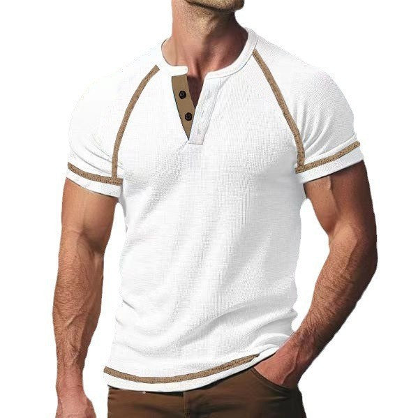 Round Neck Men's Heavy Waffle Casual Henry Short Sleeve