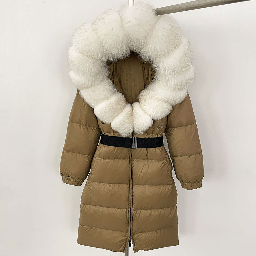 Women's Long Cinched Hoodie Real Fox Fur Collar Coat