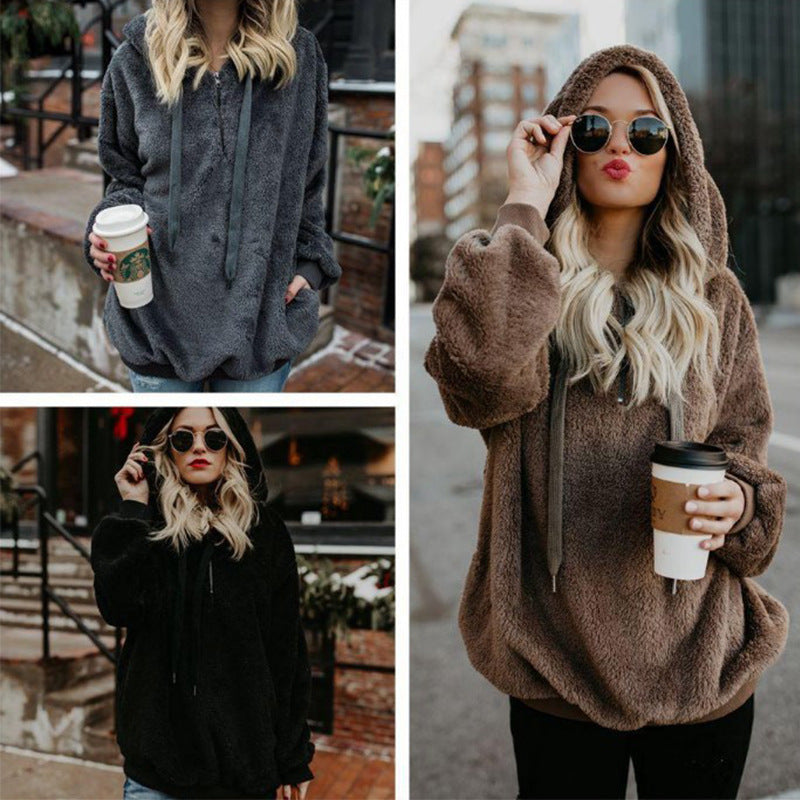 Women's Polerones Fleece Hoodies Long Sleeve Hooded Pullover Sweatshirt Autumn Winter Warm Zipper Pocket Coat Female Sweatshirt
