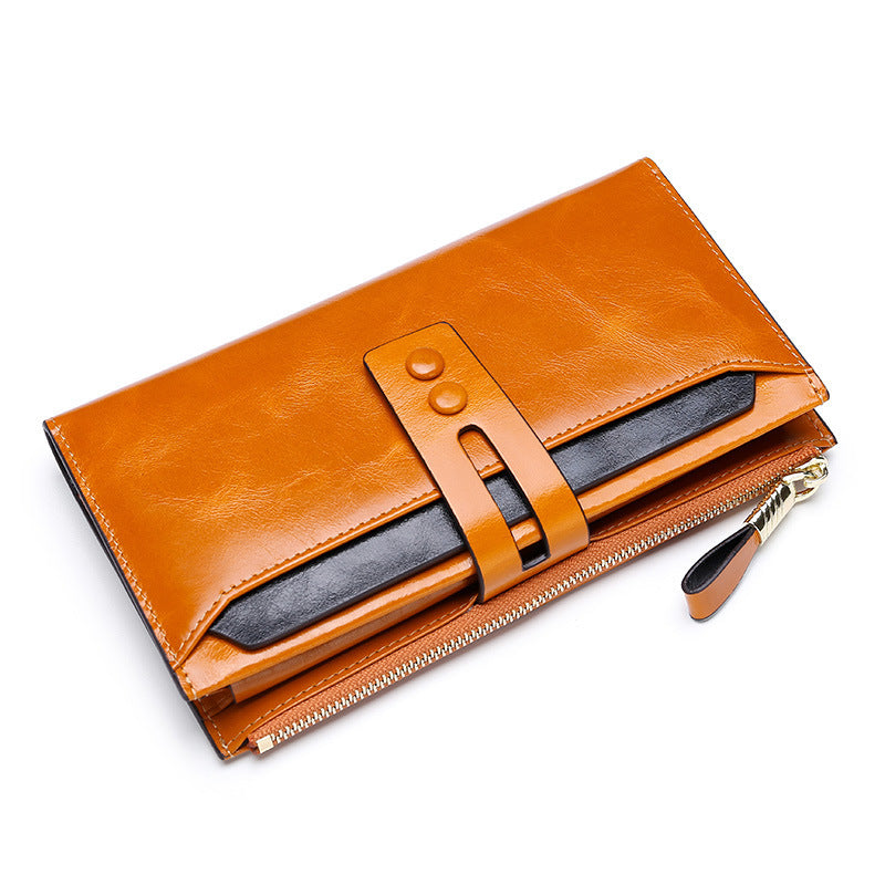 Manufacturers Wholesale Women'S Wallets Multi Card Buckle Long Oil Wax Leather Wallets European And American Retro Leather Handbags