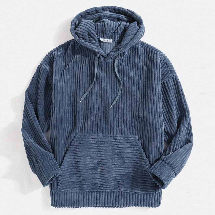 Men's Sweater Thick Corduroy Long Sleeve Solid Color Kangaroo Pocket Hanging Shoulder Hoodie