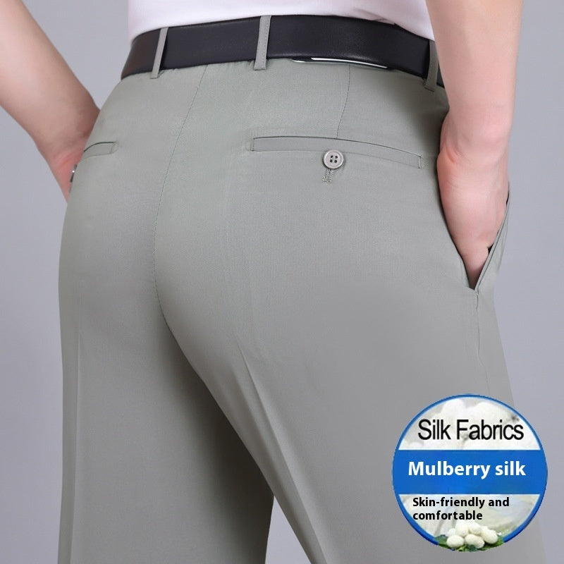Men's Mulberry Silk Suit Pants Business Straight High Waist Non-ironing