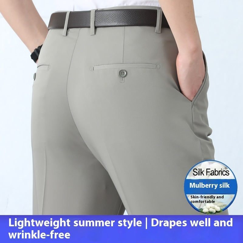 Men's Mulberry Silk Suit Pants Business Straight High Waist Non-ironing