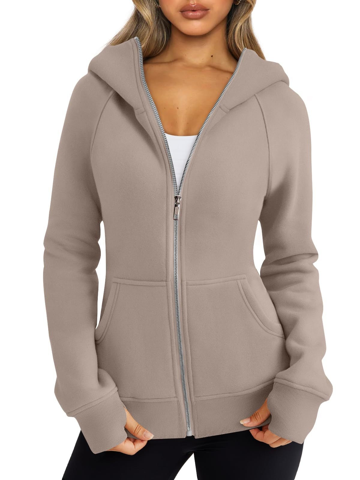 Women's Zipper Short Hood Fleece Lined Solid Color Hoodie Sweater