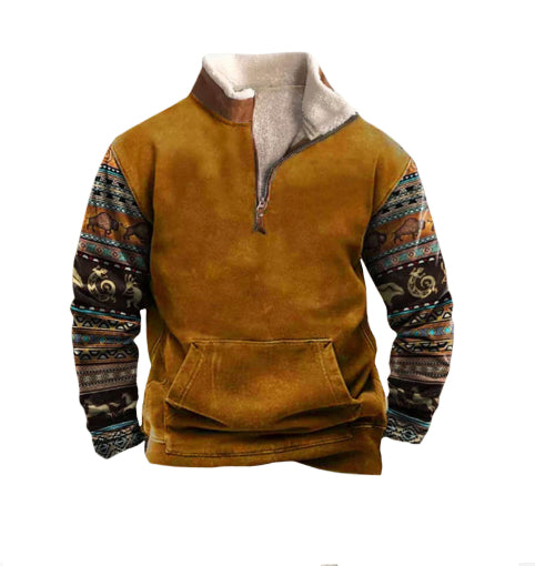 Ethnic Polo Shirt Hoodie Men's Vintage Print Plus Fleece Stand Collar Thickened