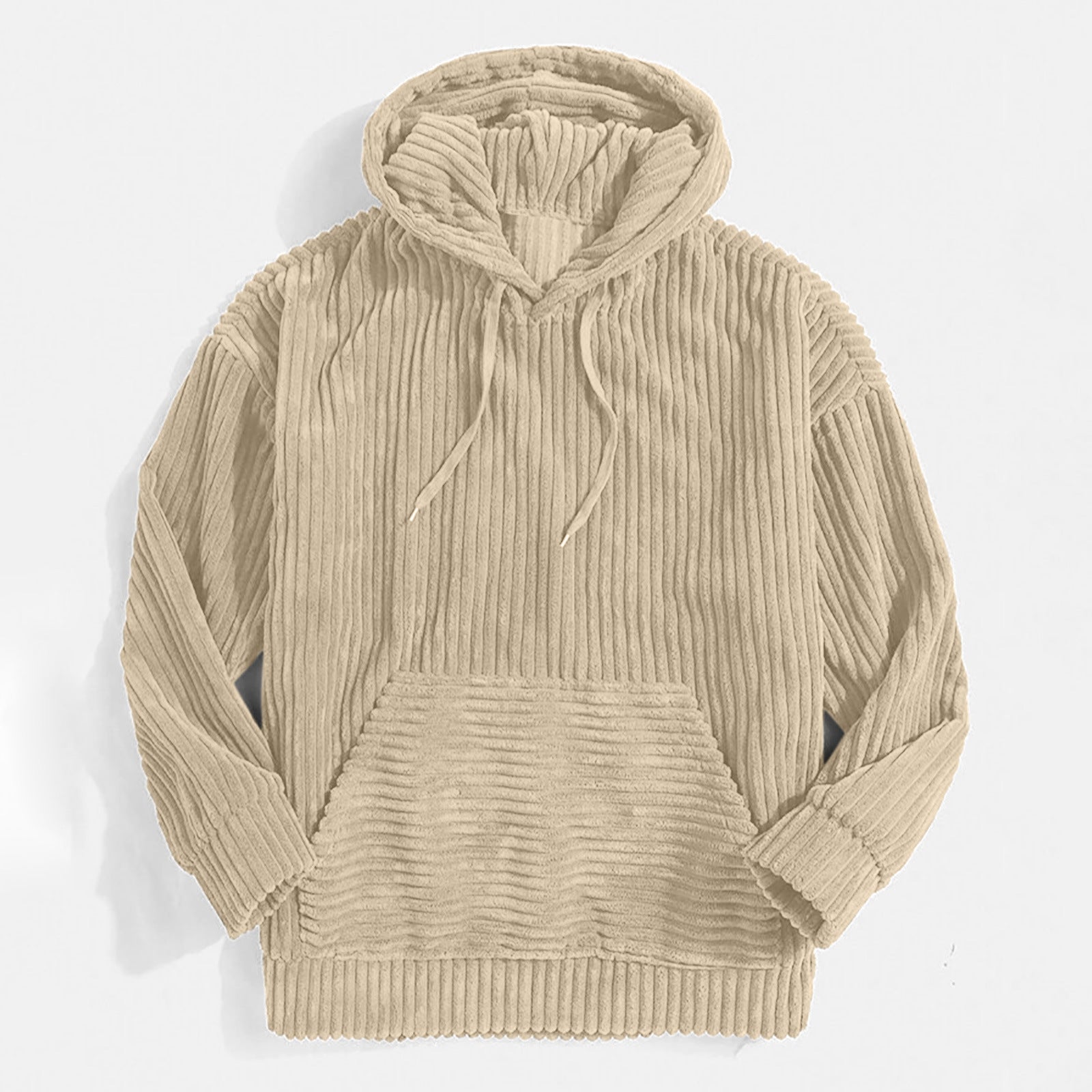 Men's Sweater Thick Corduroy Long Sleeve Solid Color Kangaroo Pocket Hanging Shoulder Hoodie