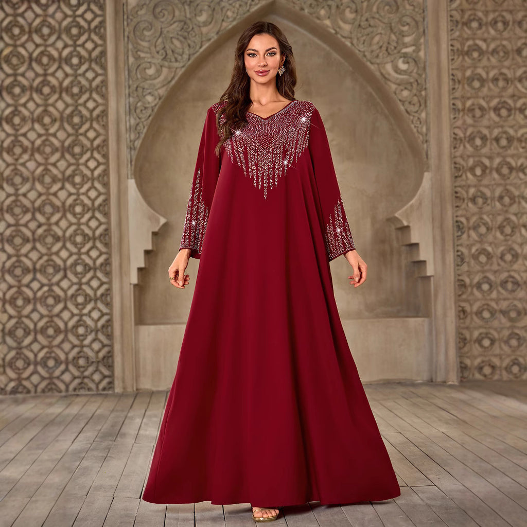 Fashion Rhinestone V-neck Casual Loose Dubai New Dress