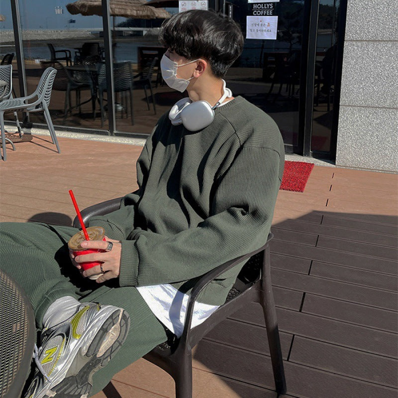 Men's Round Neck Hoodie Korean Version Loose Trend Fold Top Two-piece Set