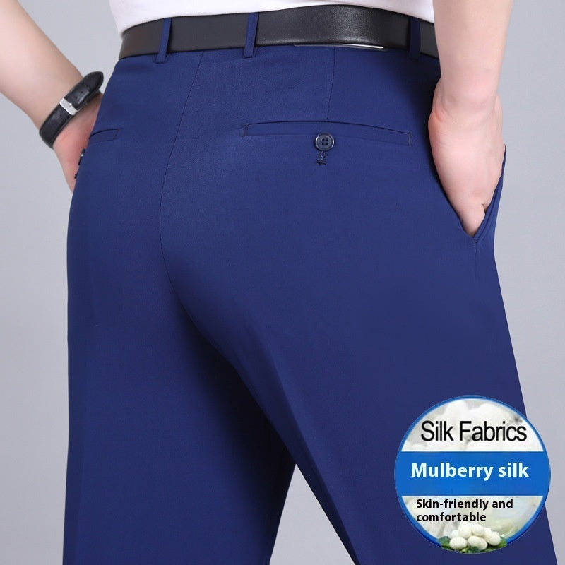 Men's Mulberry Silk Suit Pants Business Straight High Waist Non-ironing