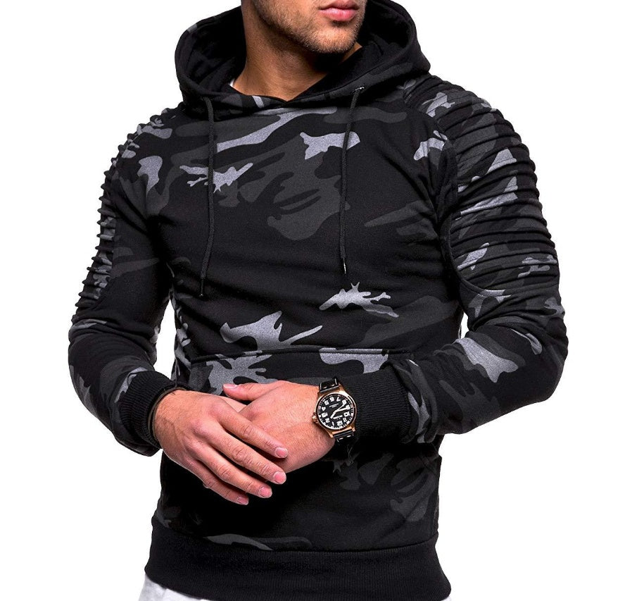 Men's Turtleneck Stripe Pleated Raglan Sleeve Hoodie