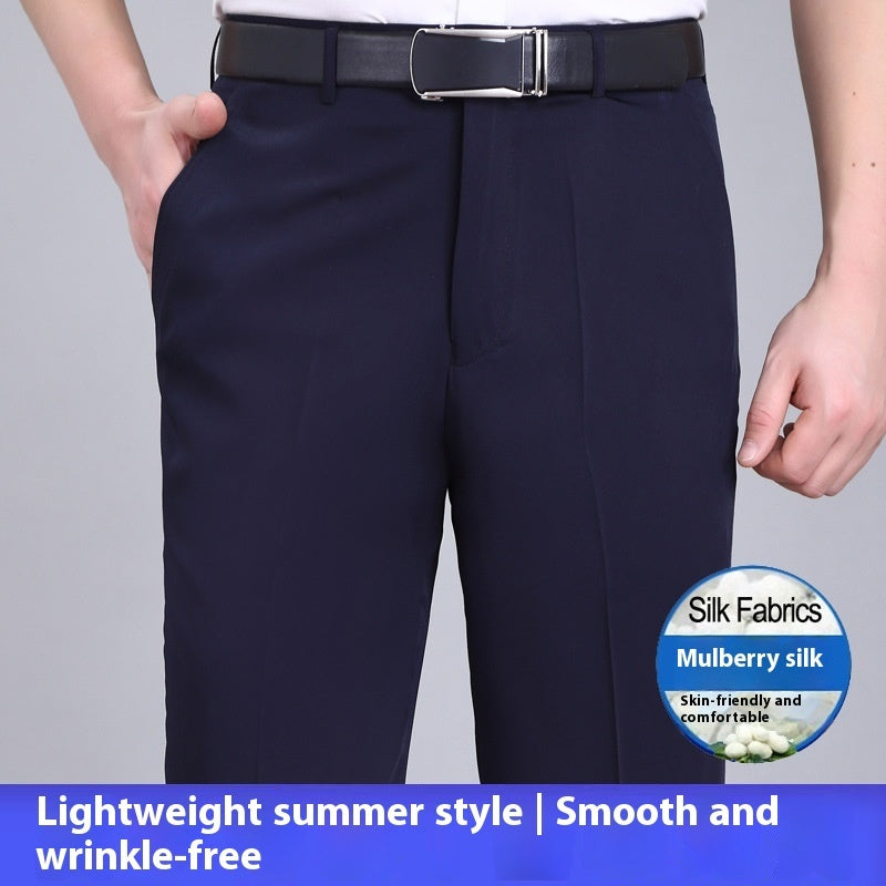 Men's Mulberry Silk Suit Pants Business Straight High Waist Non-ironing