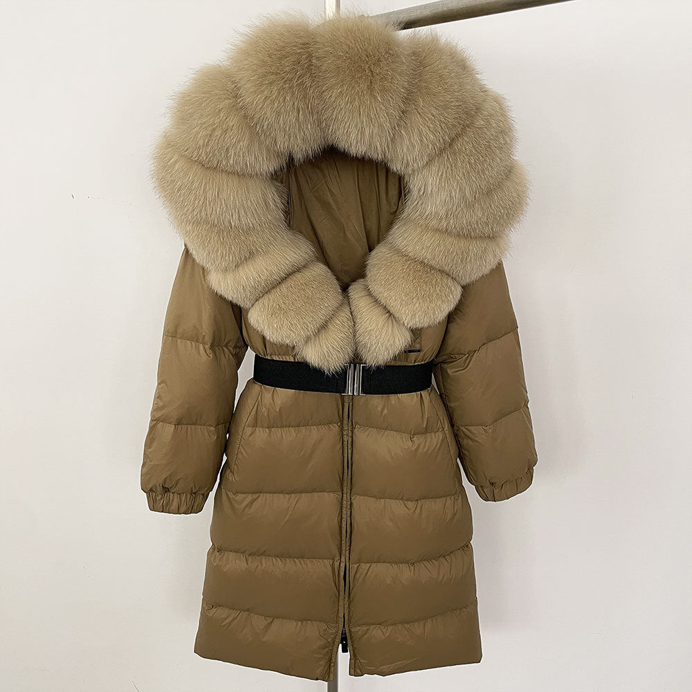 Women's Long Cinched Hoodie Real Fox Fur Collar Coat