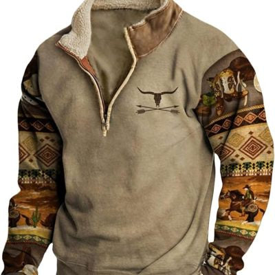 Ethnic Polo Shirt Hoodie Men's Vintage Print Plus Fleece Stand Collar Thickened