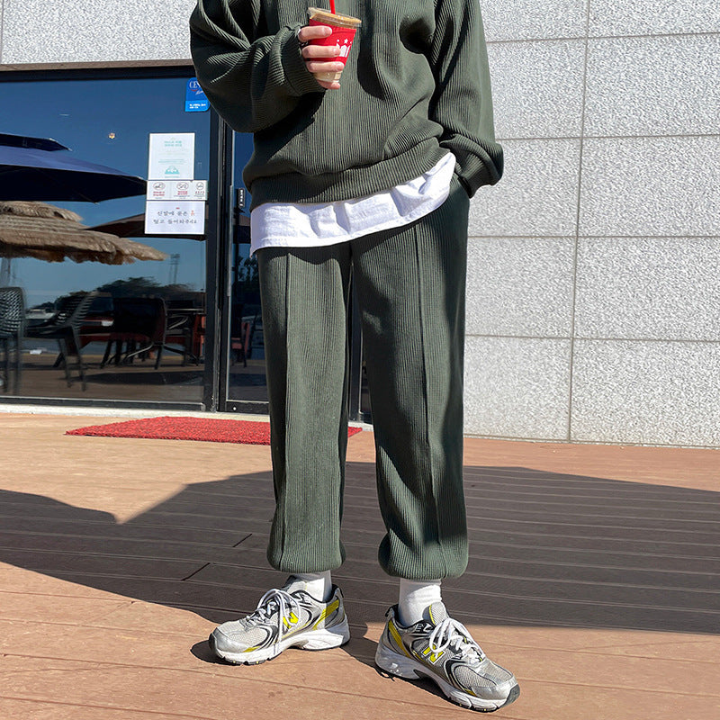 Men's Round Neck Hoodie Korean Version Loose Trend Fold Top Two-piece Set