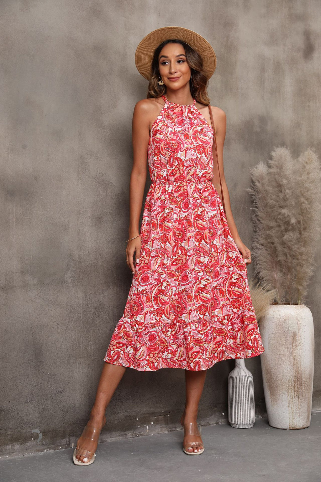 Sleeveless Halter Floral Dress Women