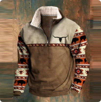 Ethnic Polo Shirt Hoodie Men's Vintage Print Plus Fleece Stand Collar Thickened
