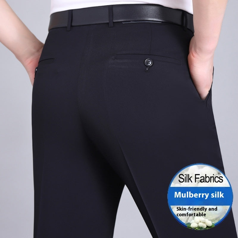 Men's Mulberry Silk Suit Pants Business Straight High Waist Non-ironing
