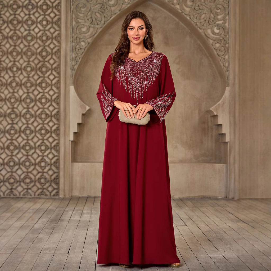 Fashion Rhinestone V-neck Casual Loose Dubai New Dress