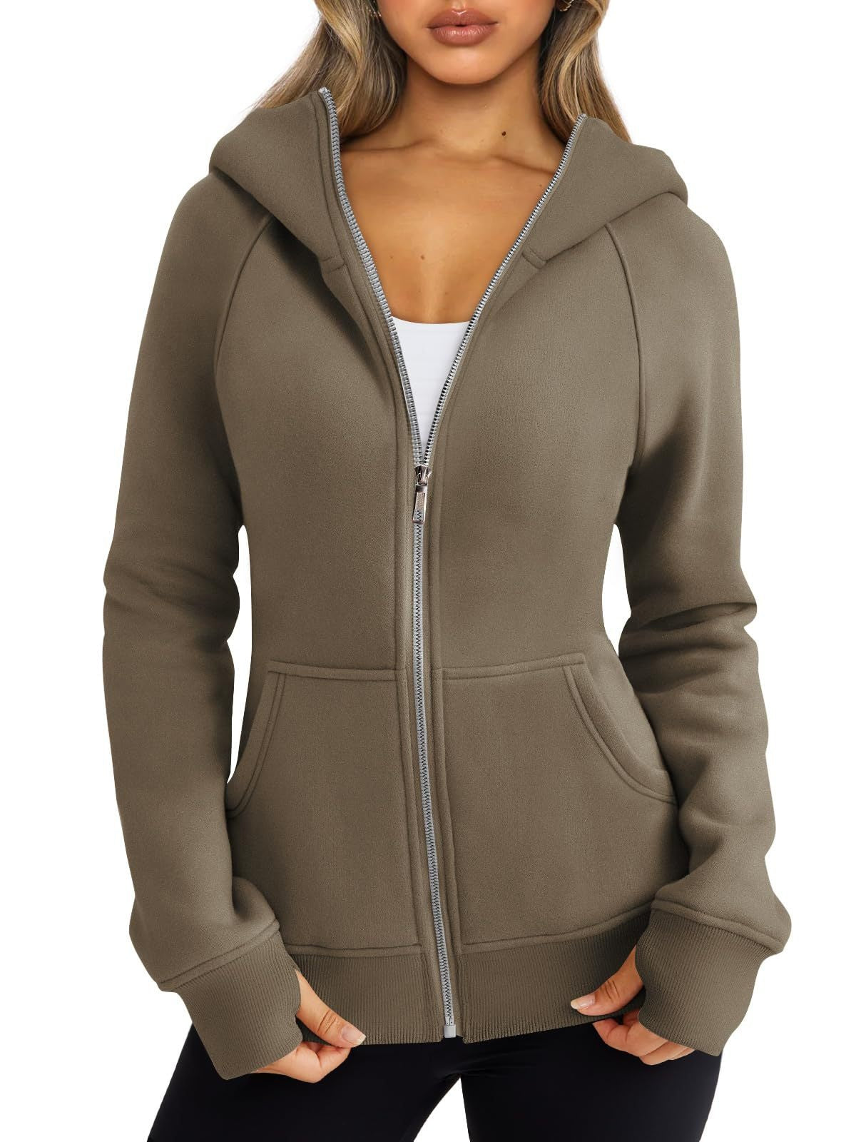 Women's Zipper Short Hood Fleece Lined Solid Color Hoodie Sweater