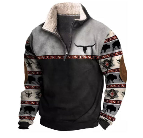 Ethnic Polo Shirt Hoodie Men's Vintage Print Plus Fleece Stand Collar Thickened