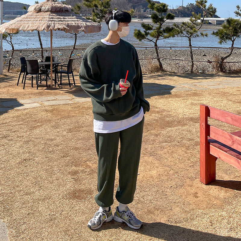 Men's Round Neck Hoodie Korean Version Loose Trend Fold Top Two-piece Set