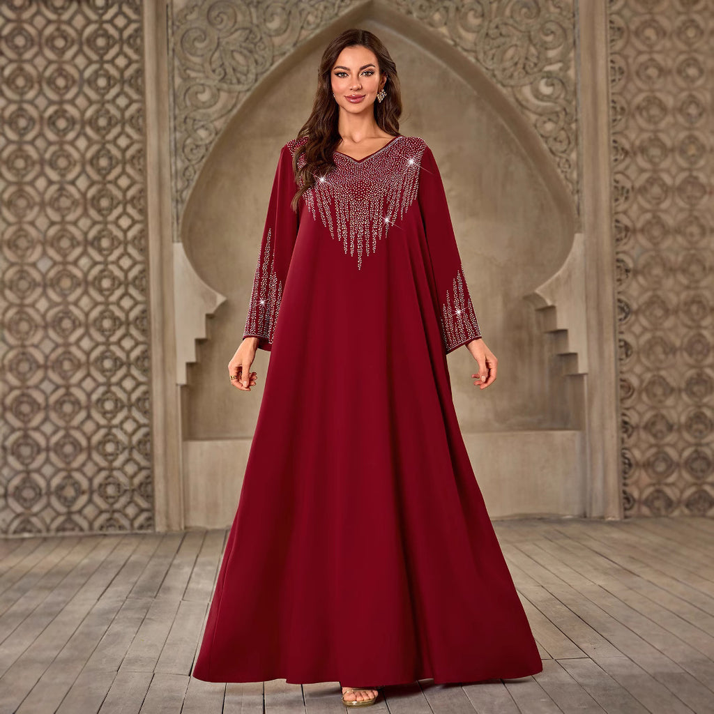 Fashion Rhinestone V-neck Casual Loose Dubai New Dress