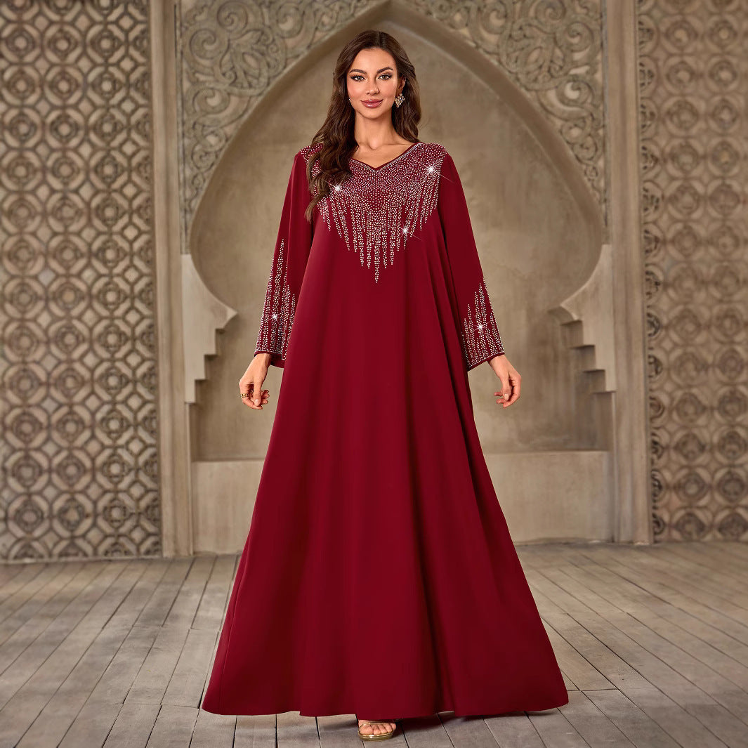 Fashion Rhinestone V-neck Casual Loose Dubai New Dress