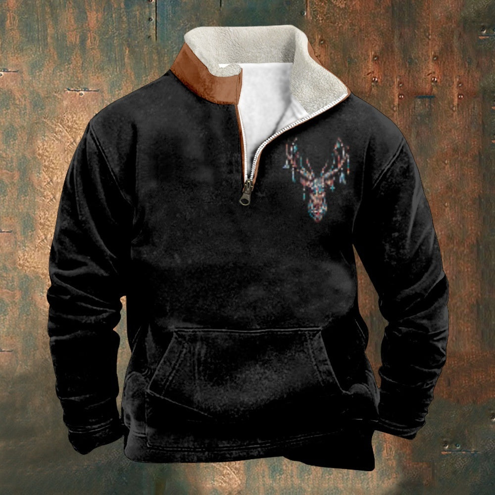 Ethnic Polo Shirt Hoodie Men's Vintage Print Plus Fleece Stand Collar Thickened