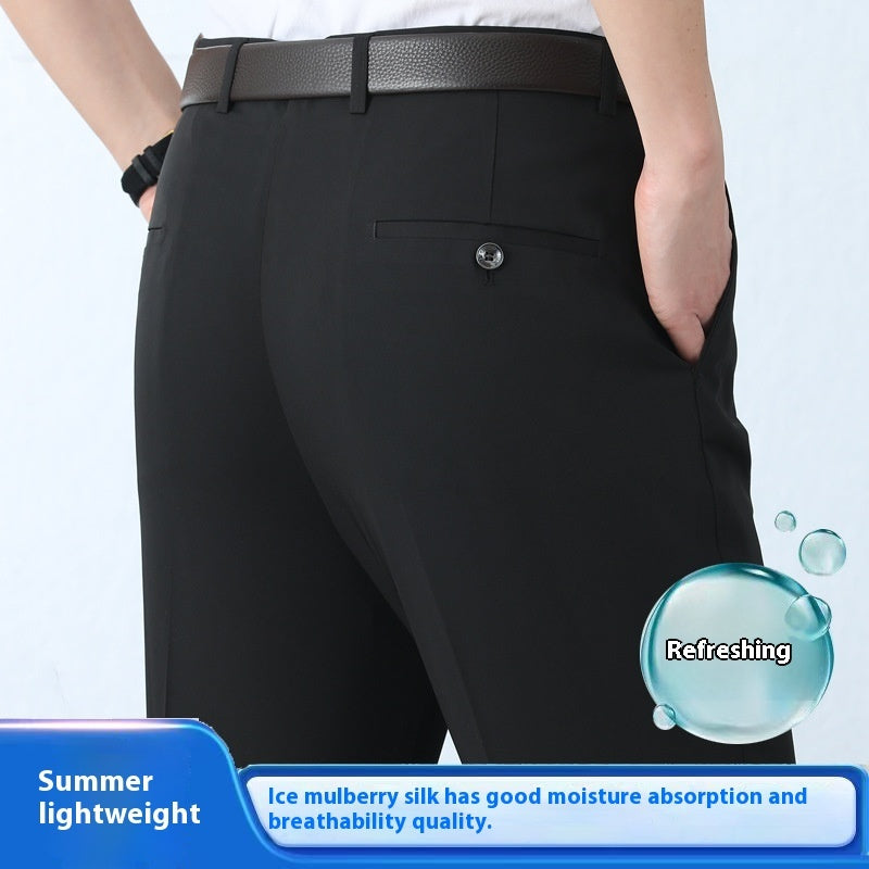 Men's Mulberry Silk Suit Pants Business Straight High Waist Non-ironing