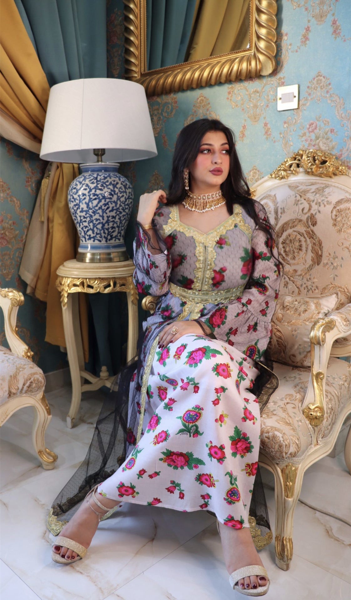 Middle Eastern Ethnic Style Printed Embroidery Lace Mesh Dress Dubai