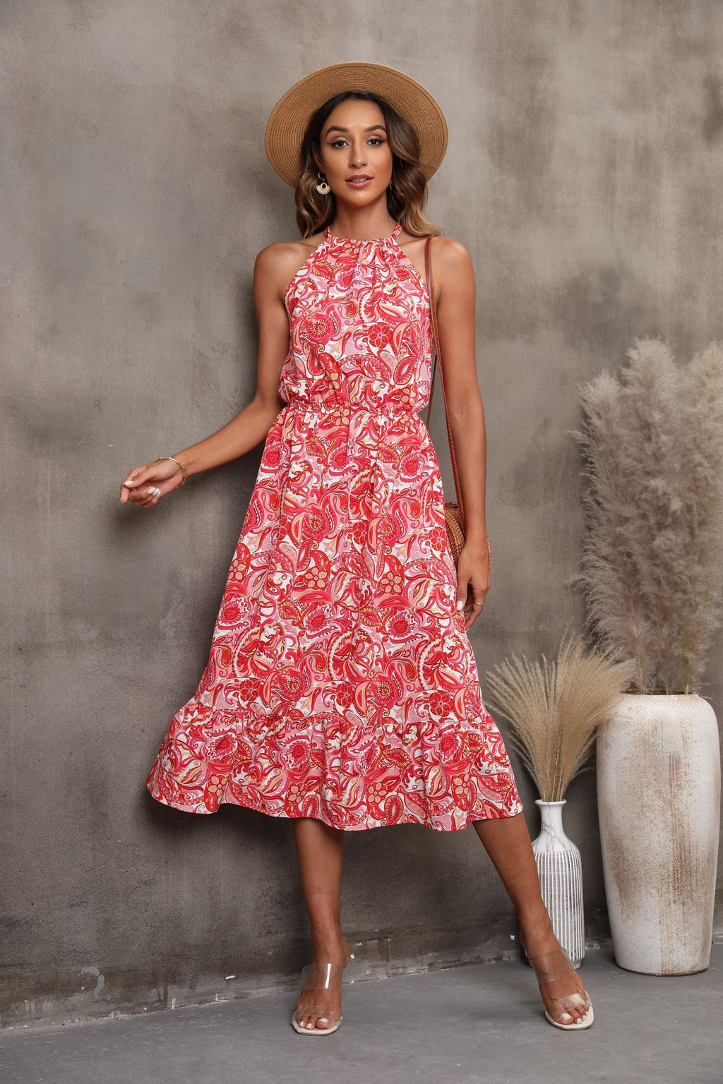 Sleeveless Halter Floral Dress Women