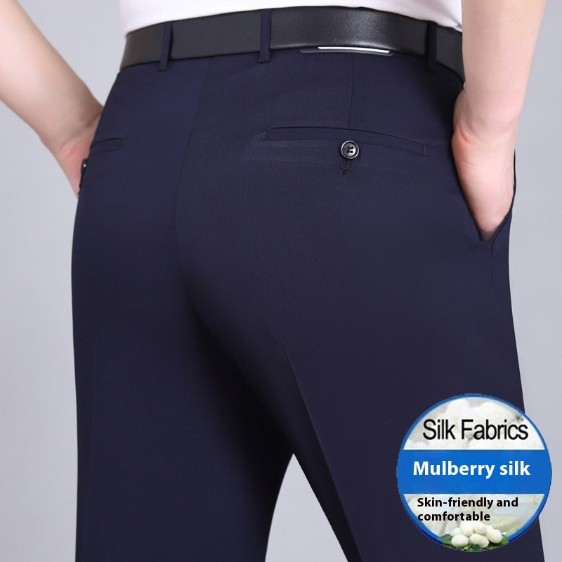 Men's Mulberry Silk Suit Pants Business Straight High Waist Non-ironing