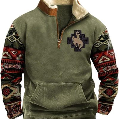 Ethnic Polo Shirt Hoodie Men's Vintage Print Plus Fleece Stand Collar Thickened