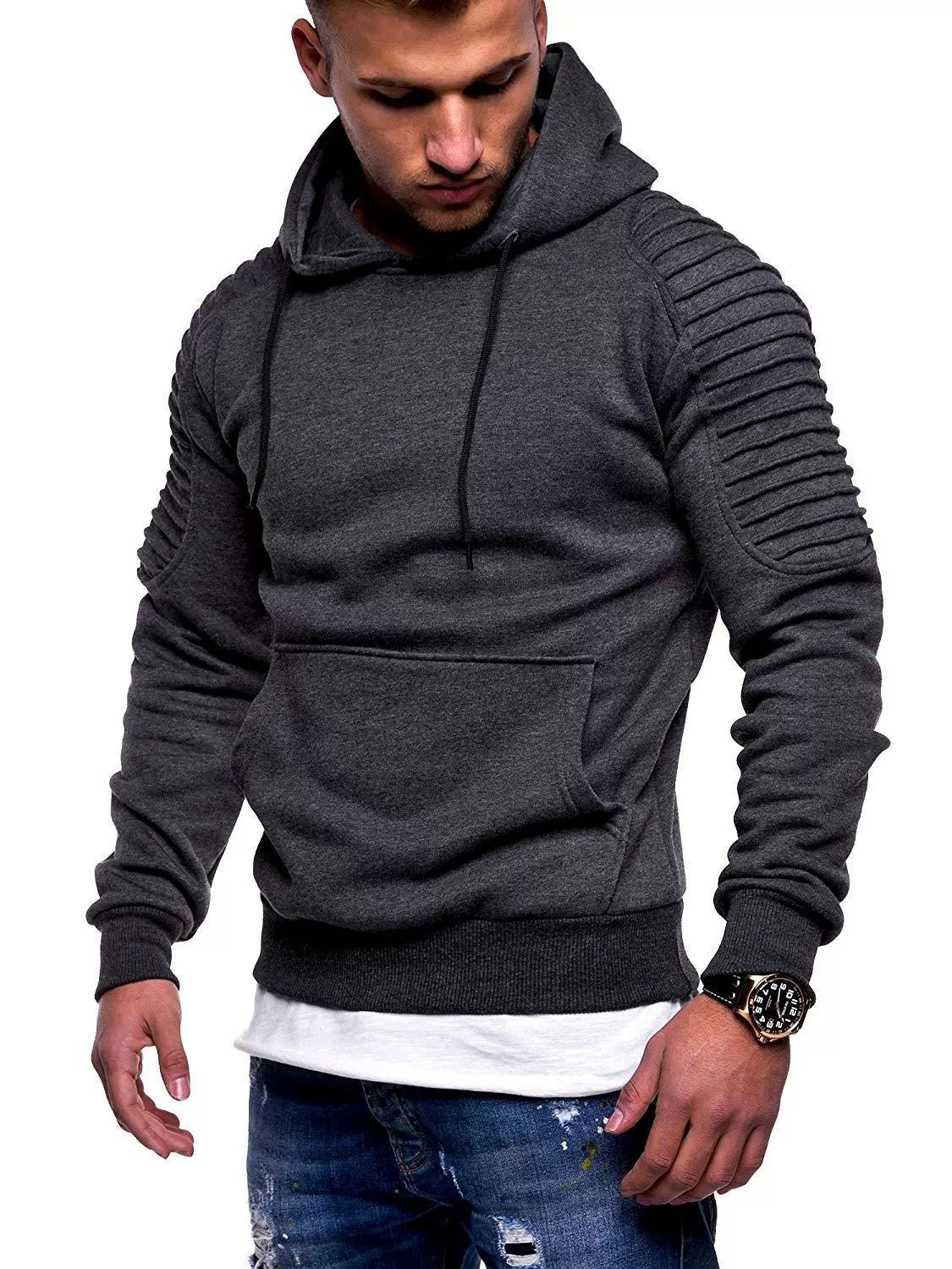 Men's Turtleneck Stripe Pleated Raglan Sleeve Hoodie