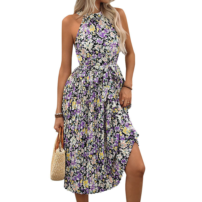 Fashion Printing Sleeveless Halter Dress Women