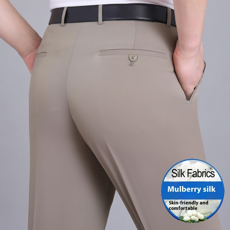 Men's Mulberry Silk Suit Pants Business Straight High Waist Non-ironing