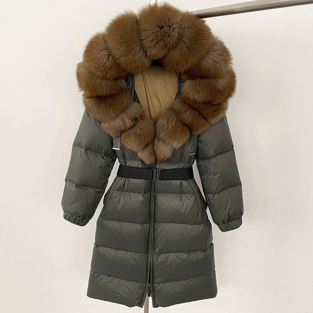 Women's Long Cinched Hoodie Real Fox Fur Collar Coat