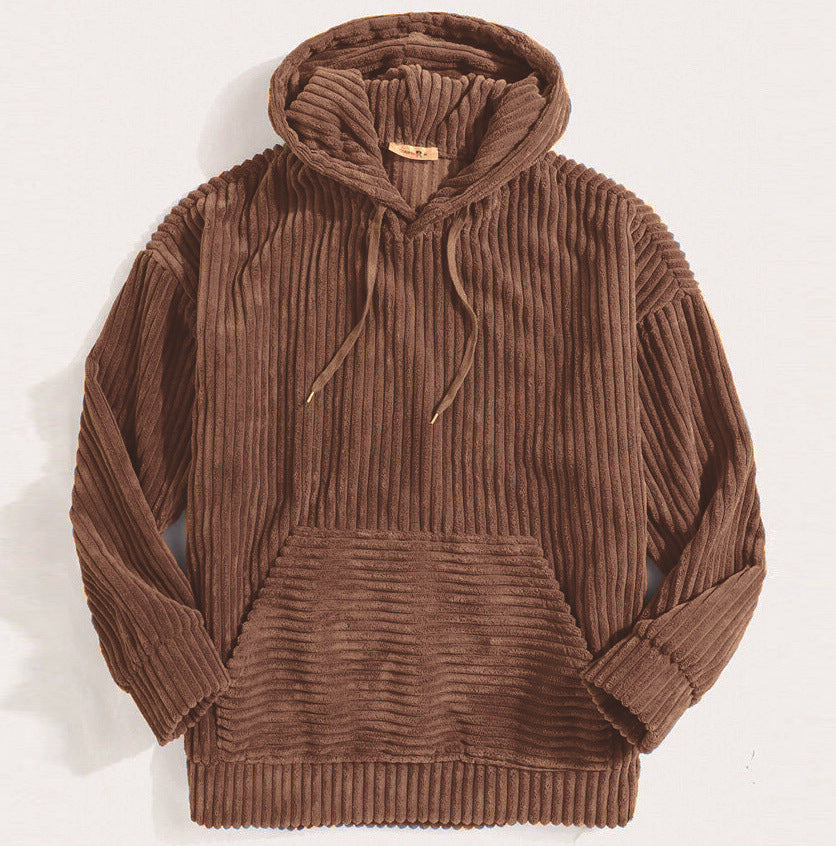 Men's Sweater Thick Corduroy Long Sleeve Solid Color Kangaroo Pocket Hanging Shoulder Hoodie