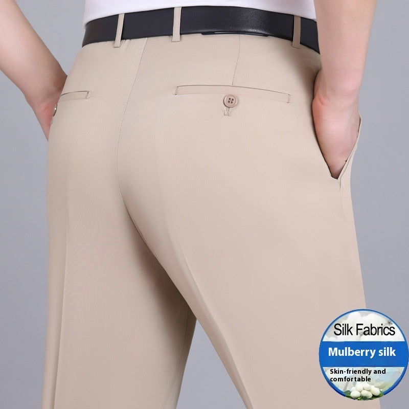 Men's Mulberry Silk Suit Pants Business Straight High Waist Non-ironing