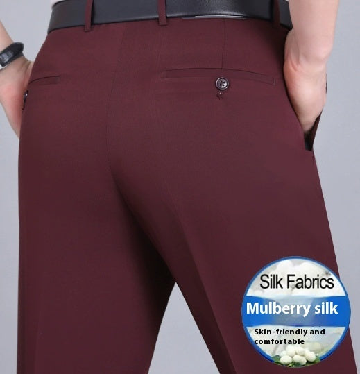 Men's Mulberry Silk Suit Pants Business Straight High Waist Non-ironing